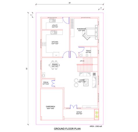 30x50 North Face Vastu House Plan