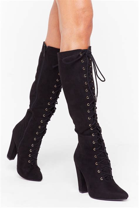 Nasty Gal Lace Up The Ante Faux Suede Knee High Boots In Black Lyst