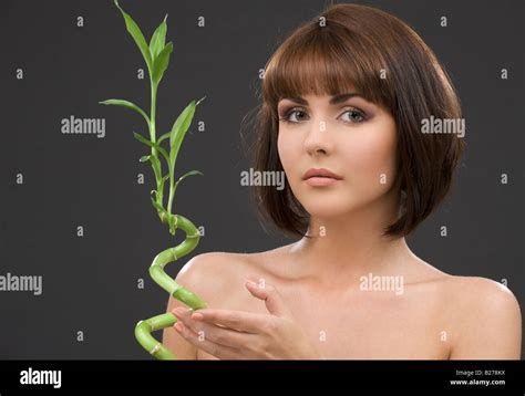 Picture Of Lovely Brunette With Bamboo Over Grey Stock Photo Alamy