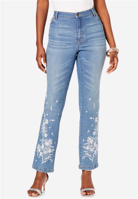 floral embroidered straight leg jean by denim 24 7® plus size straight leg jeans fullbeauty