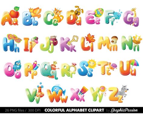 Illustrated Alphabet Clipart Color Alphabet Digital Alphabet Etsy