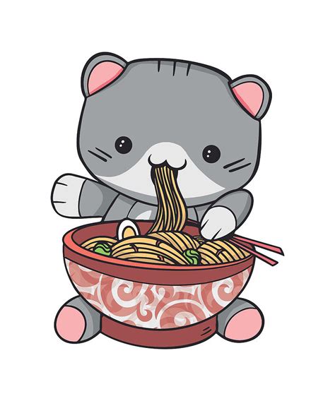 Cute Kawaii Cat Eating Ramen Noodles T Digital Art By P A Pixels