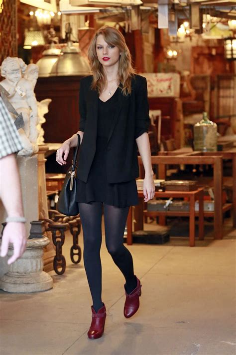 Taylor Swift Black Dress Black Blazer Black Tights Colored Booties