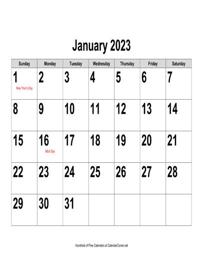 Free 2023 Large Number Calendar Landscape With Holidays