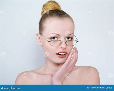 Blonde Woman Posing Topless In Designer Glasses Stock Image Image Of