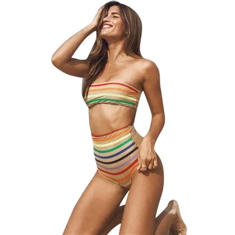 New Swimwear Playsuits Women Swimwear Bikini Rainbow Stripe Print Push Up Padded Bathing