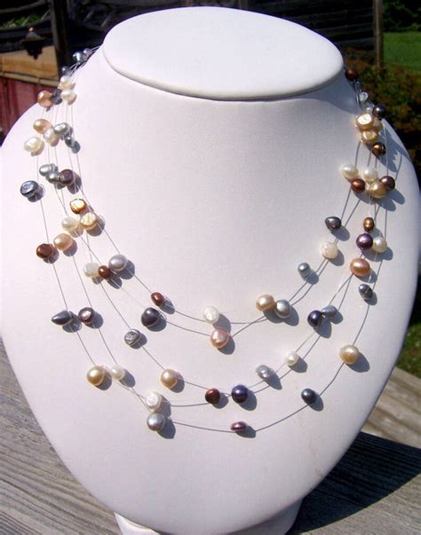 Multi Colored Pearl Illusion Necklace Floating Necklace Five Etsy