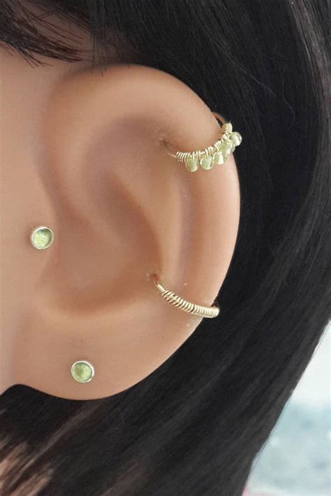 Natural Peridot 2 Mm Helix Piercing Gold Cartilage Earring Etsy Israel