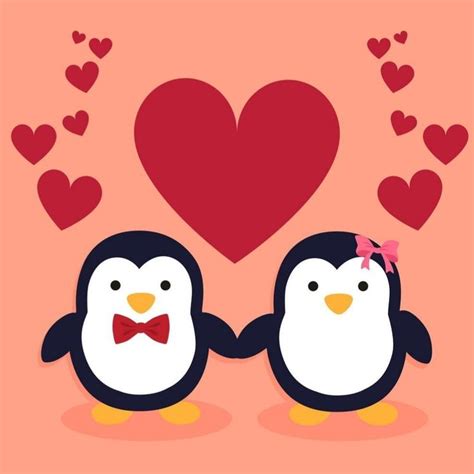 Two Penguins In Love Holding Hands With Hearts Above Them Stock Photo