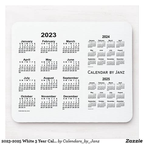 2023 2025 White 3 Year Calendar By Janz Mouse Pad 2021 Calendar