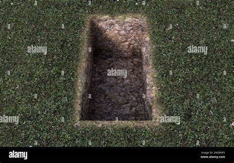 An Open Empty Grave Dug Out Of A Field Of Green Grass 3d Render Stock
