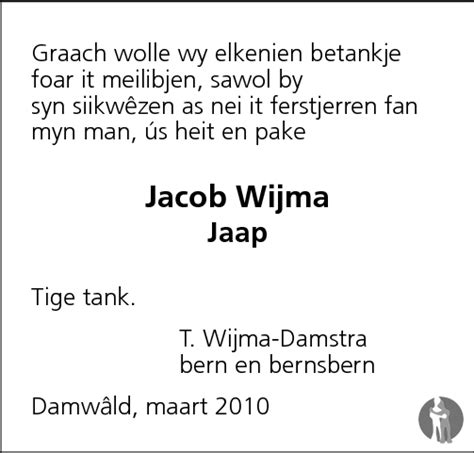 Jacob Jaap Wijma 07 01 2010 Overlijdensbericht En Condoleances