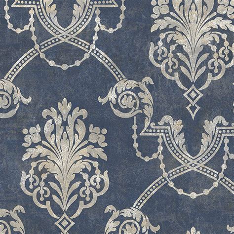 Gray Damask Navy Blue Wallpaper Double Roll Bolts Free