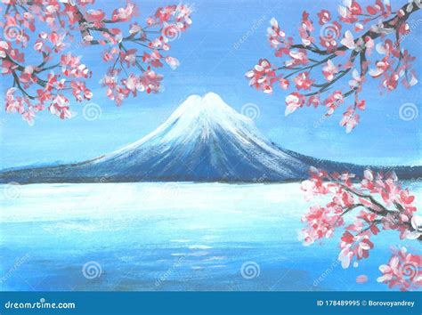 Mount Fuji And Cherry Blossoms Hand Drawn Watercolor Painting Stock