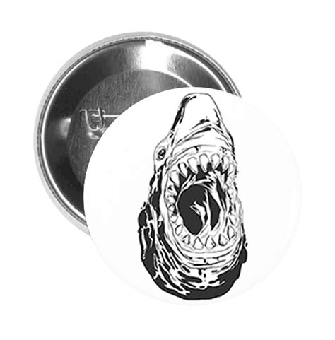 Round Pinback Button Pin Brooch Scary Black And White Shark Shinobi