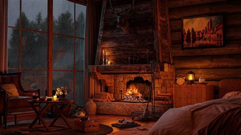 Cozy Cabin At Night With Rain Sounds And Crackling Fireplace For Sleep