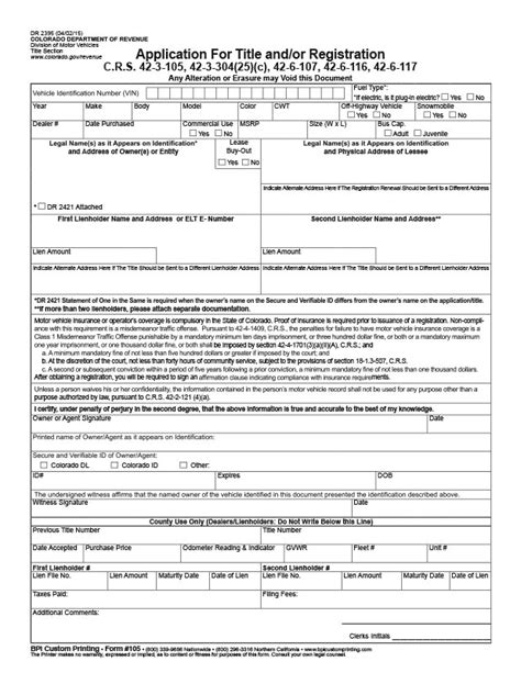 Colorado Application For Title And Registration Bpi Custom Printing