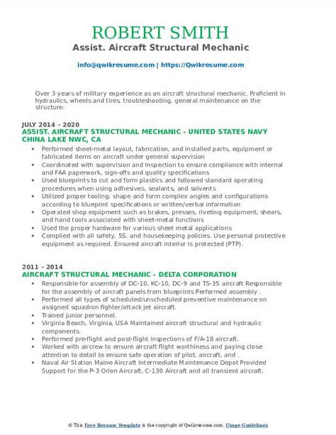 Aircraft Structural Mechanic Resume Samples Qwikresume