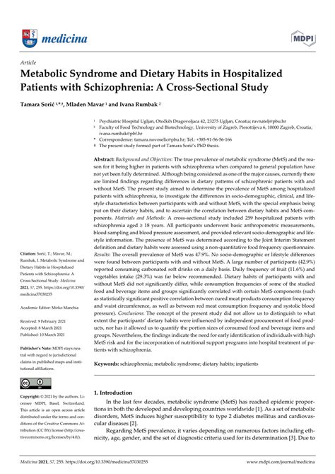 pdf metabolic syndrome and dietary habits in hospitalized patients with schizophrenia a cross