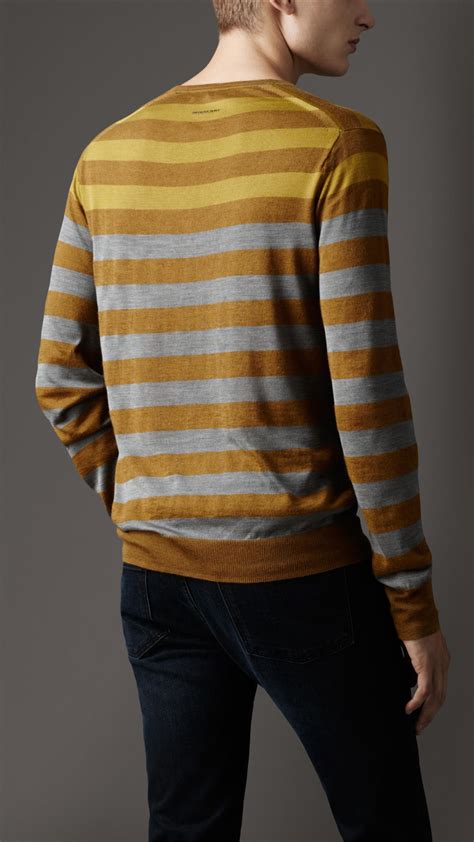 Burberry Striped Fine Knit Sweater In Gray For Men Dark Mustard Lyst