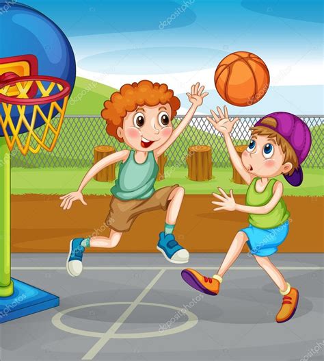 Two Boys Playing Basketball Outside — Stock Vector © Interactimages