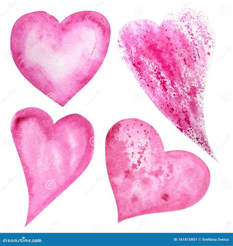 Set Of Watercolor Hearts Icon Collection Hand Drawn Various Red Pink