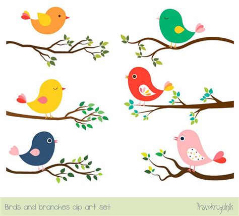 Cute Bird Clipart Set Tree Branch Clip Art Colorful Spring Bird Clip