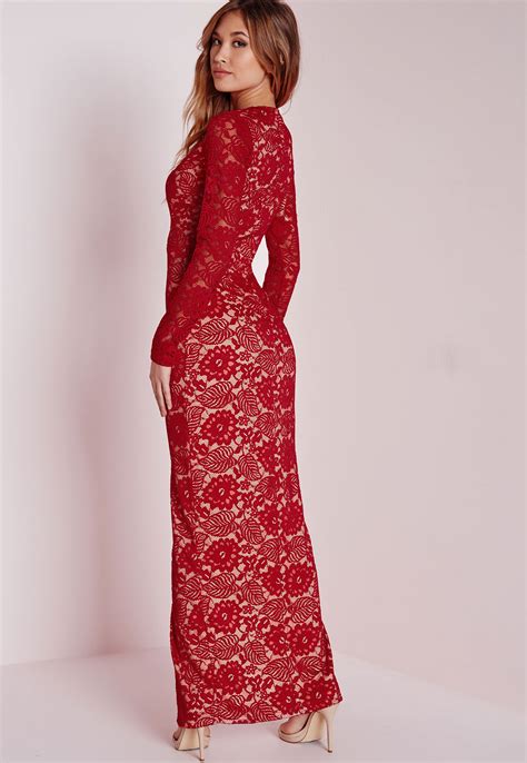 Red Lace Long Sleeve Wrap Front Maxi Dress Cadillac Bikini Z Wysokim