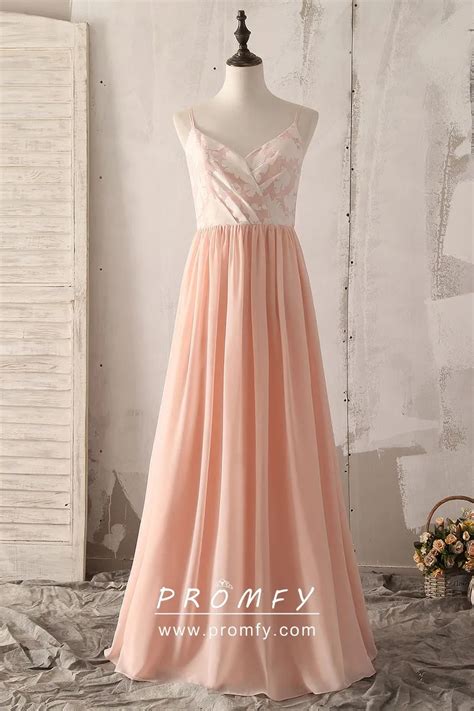 Floral Print Peach Chiffon V Neck Bridesmaid Dress Promfy