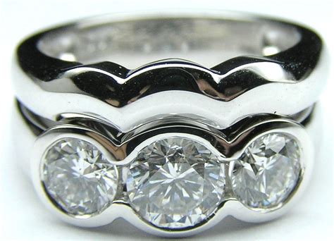 European Engagement Ring Three Stone Round Diamond Bezel Set Engagement Ring And Matching