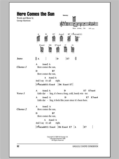 Here Comes The Sun Sheet Music The Beatles Ukulele Chordslyrics