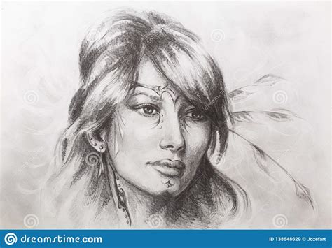 Drawing Of Beautiful Contemplative Indian Woman Face