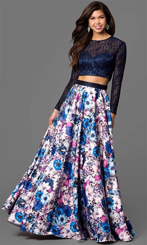 Two Piece Long Sleeve Prom Dress With Long Floral