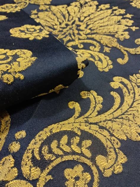 Blue Gold Large Regal Damask Jacquard Fabricstripes And Small Floral