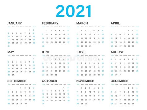 Plantilla Vectorial Calendario 2021 Diseño Simple Mínimo Organizador