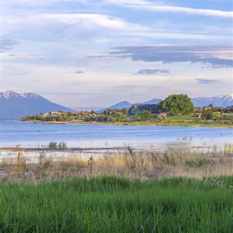 Square Utah Lake Shore Panorama With Distant Houses Stock Photo Image