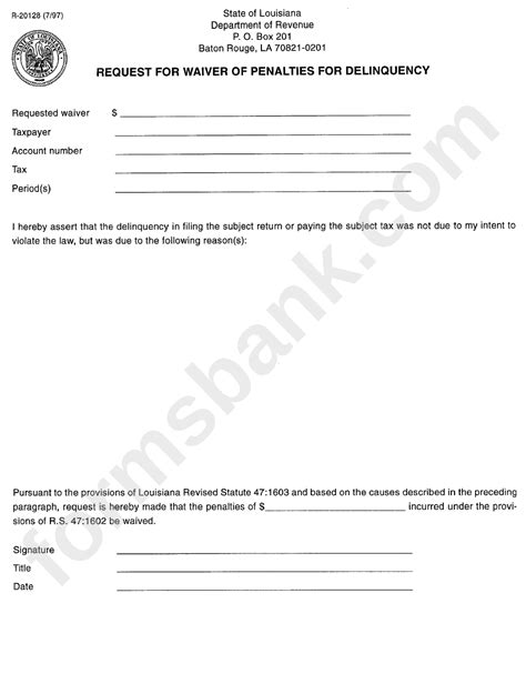 Then provide all of the requested information. Form R-20128 - Request For Waiver Of Penalties For Delinquency printable pdf download