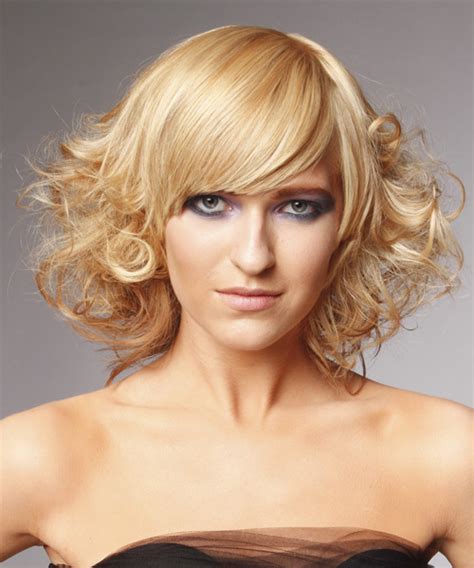 Medium Curly Light Blonde Hairstyle With Side Swept Bangs