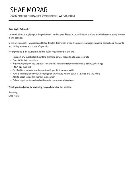 cover letter example for spa therapist