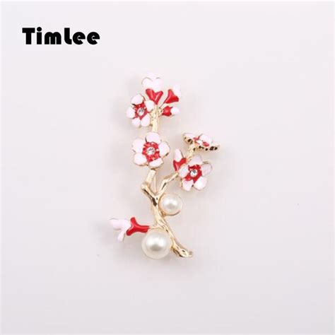 Timlee X046 Glaze Enamel Alloy Cherry Blossoms Branch Imitation Pearl Brooch Pinsfashion