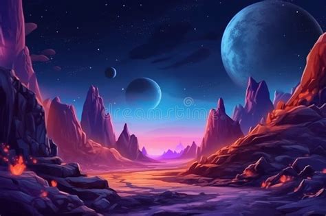 Alien Planet With Mountains And Stars Generative Ai Stock Illustration