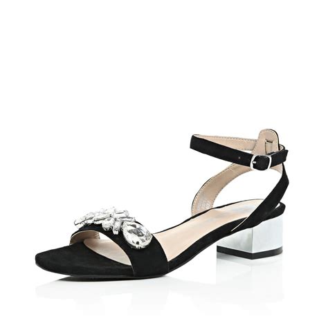 Lyst River Island Black Suede Gem Block Heel Sandals In Black