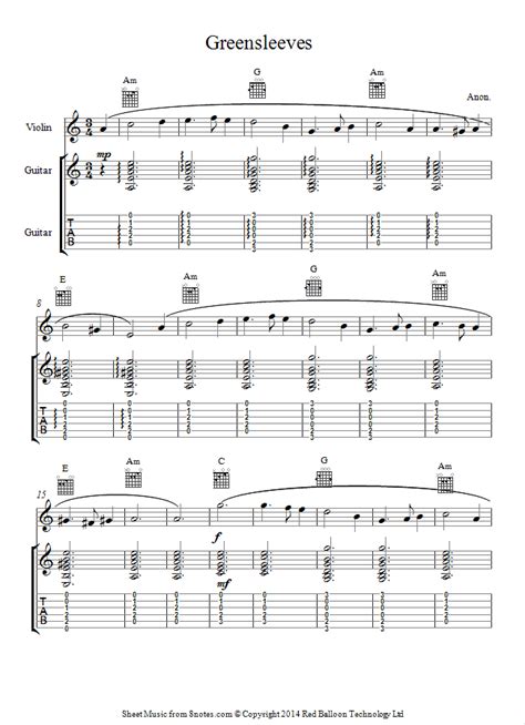 There is a persistent myth that greensleeves was composed by henry viii for his second wife and future queen consort anne boleyn. Greensleeves sheet music for Violin-Guitar Duet - 8notes.com