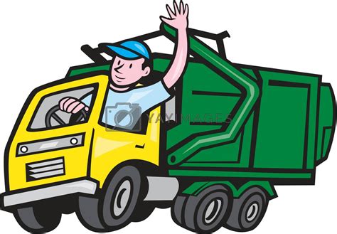 Garbage Truck Driver Waving Cartoon By Patrimonio Vectors