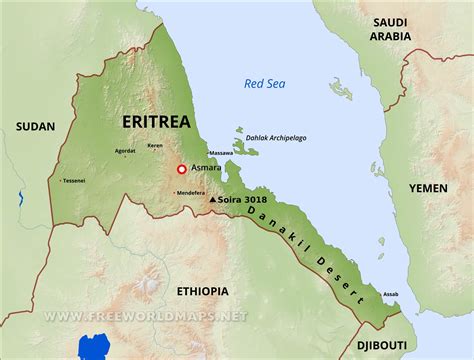 This map shows some of the major cities in eritrea, you can use this map to research your holiday in africa and decide on places to visit and hotels to stay in. Eritrea Physical Map
