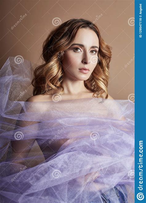 Naked Woman Art In Lilac Light Transparent Dress Posing On A Dark Background Woman Wrapped In