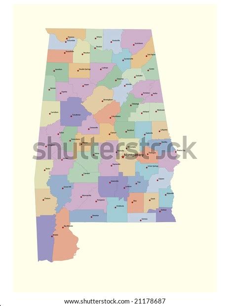 Alabama Counties Map County Seats 72 Stock Vector Royalty