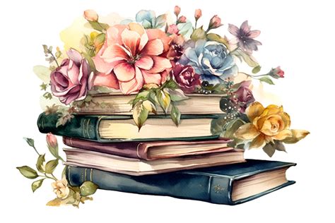 A Stack Of Books With Flowers And Leaves On Top Of Each Book