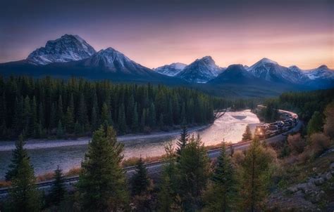 Wallpaper Forest Trees Mountains River Train Canada Railroad