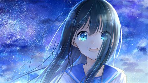 Download Wallpaper 2560x1440 Girl Smile Stars Anime Art Blue